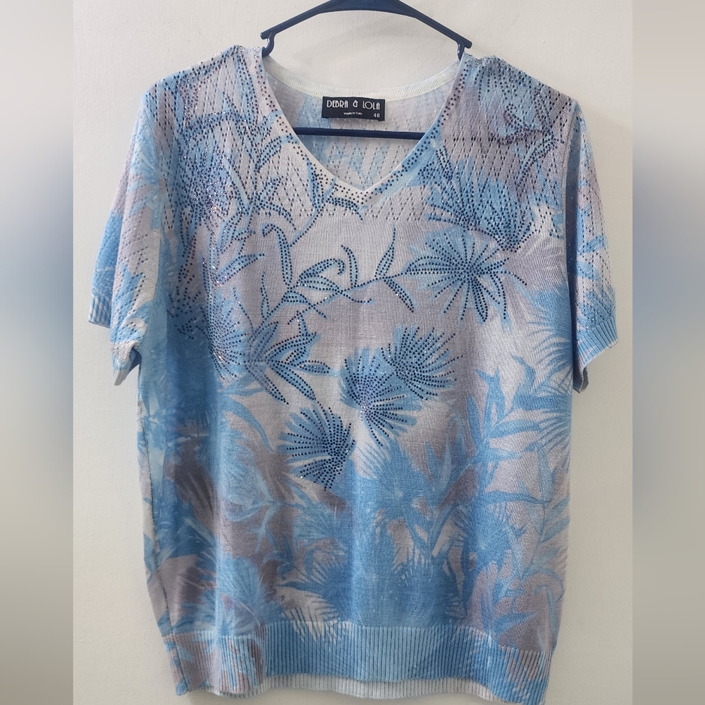 Debra & Lola Blue Floral Women's Top, Size 48, Cotton,‎ Viscose, Silk.